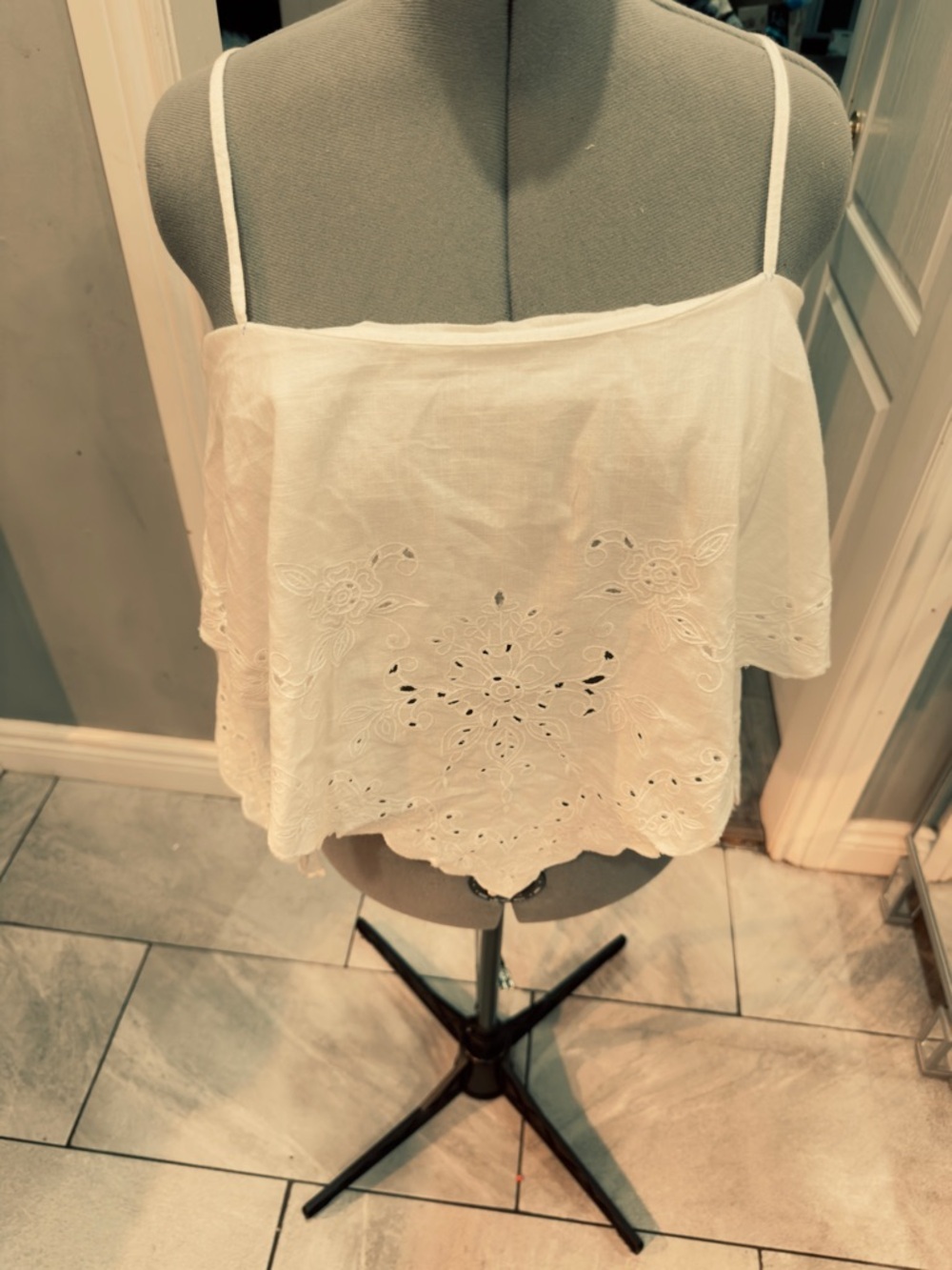 Free People White Off-Shoulder Eyelet Sleeve Top